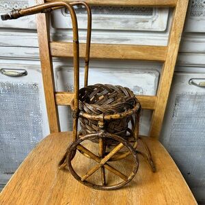 Vintage Rattan Bamboo Cart plant stand holder display 2 pieces USED 15" brown